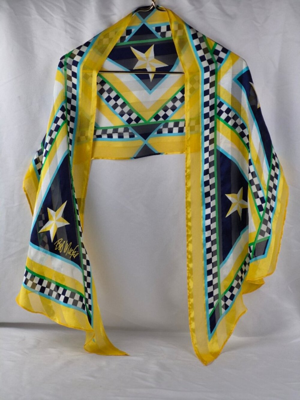 Bob Mackie Wearable Art Silk Oblong Scarf Navy Blue, Yellow, Stars, Color Block